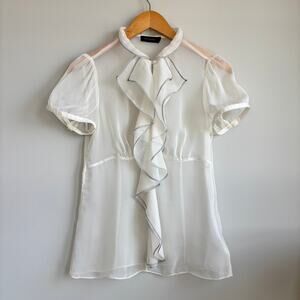 Vintage Y2K The Limited White Sheer Organza Blouse Ruffle Neckline Black Trim